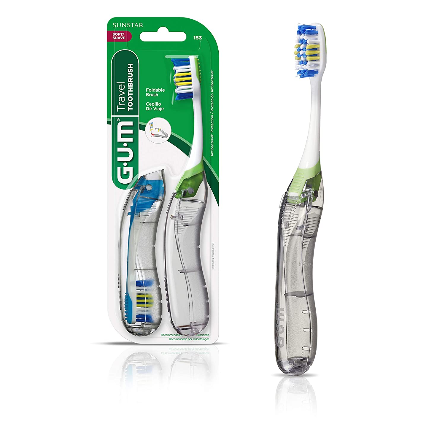 GUM Travel Toothbrush with Antibacterial Bristles & Folding Handle, Soft Bristles, 2 Count